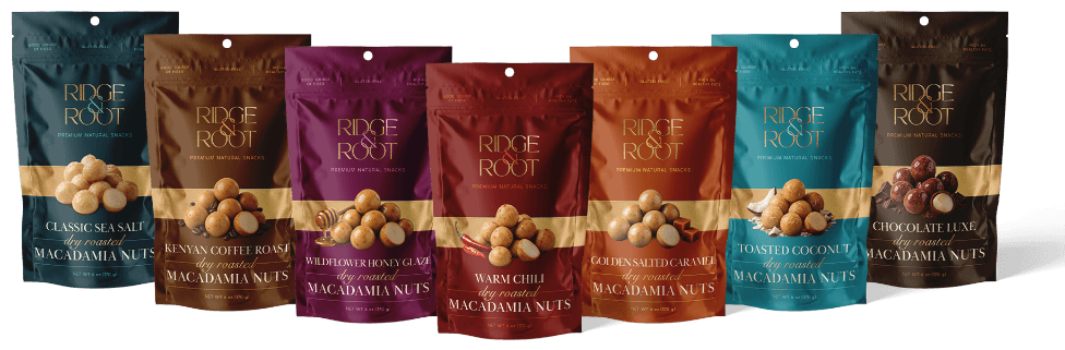 Ridge & Root all seven dry roasted macadamia nut flavors: Classic Sea Salt, Kenyan Coffee Roast, Wildflower Honey Glaze, Warm Chili, Golden Salted Caramel, Toasted Coconut, and Chocolate Luxe