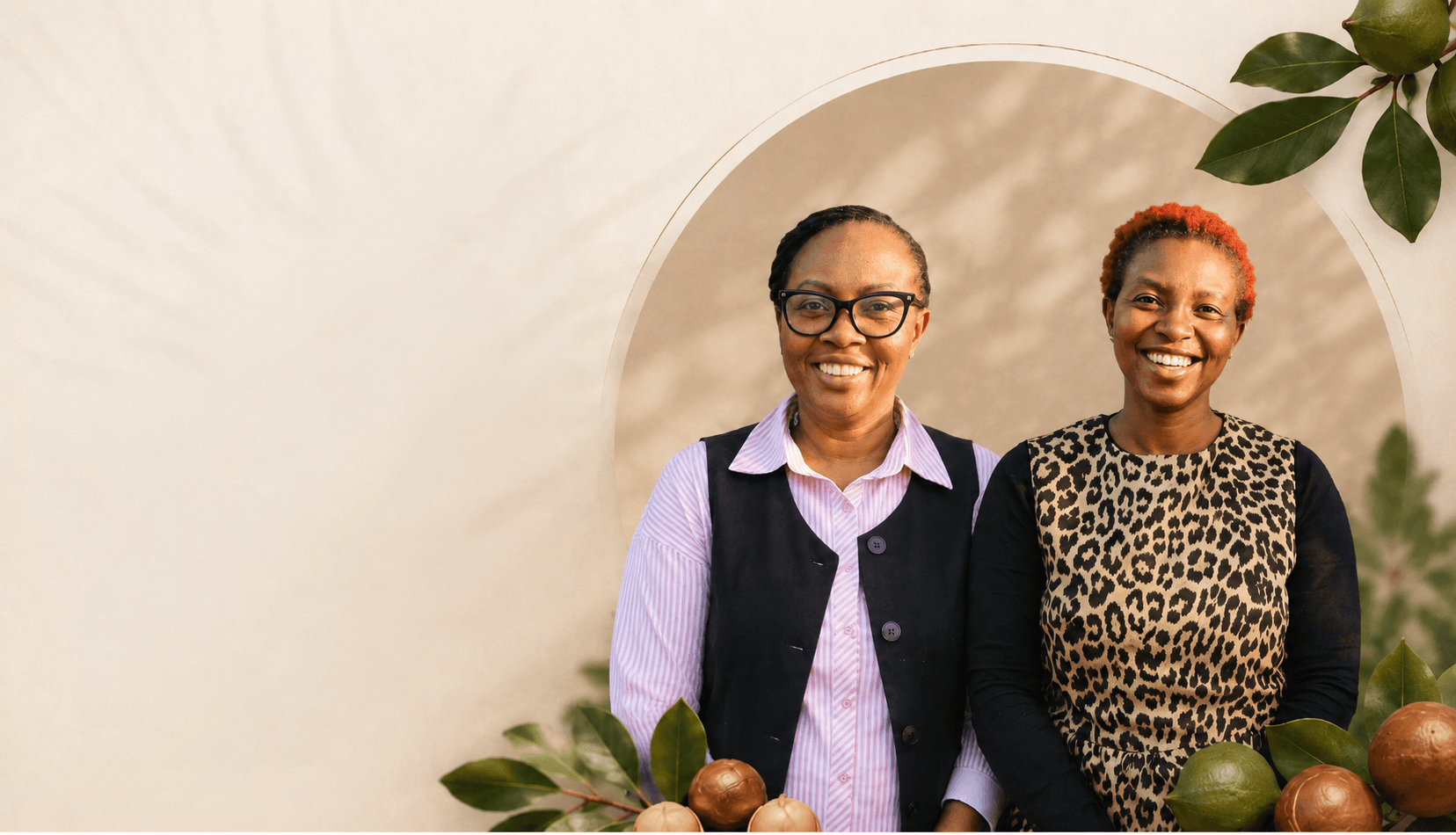 Jane Maigua and Charity Ndegwa, the two founders of Ridge & Root, standing under an arched alcove framed by macadamia branches