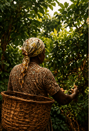 Farmer harvesting macadamias with a woven basket on her back