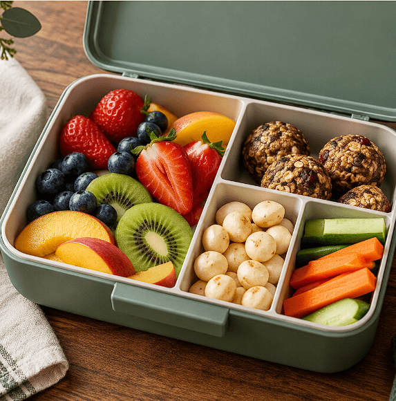 Bento lunch box with fruit, vegetables and macadamia nuts