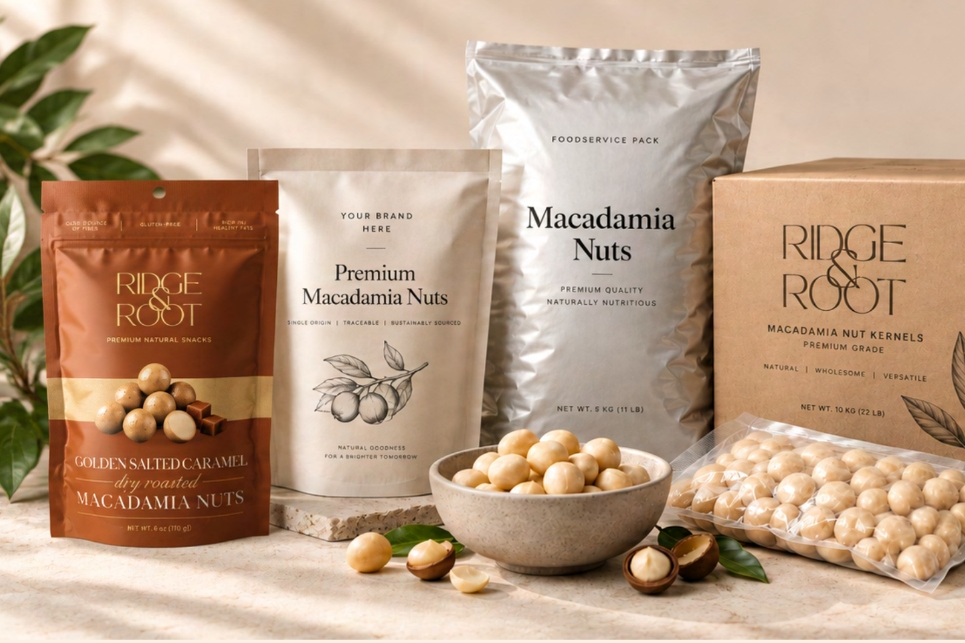 Ridge & Root retail pouch, private-label pack, foodservice bulk bag and macadamia kernels